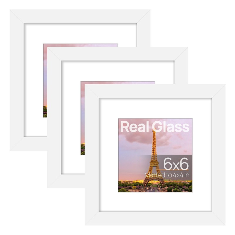 6×6 Picture Frame of 3, Made of High Definition Glass for 4×4 with Mat or 6×6…