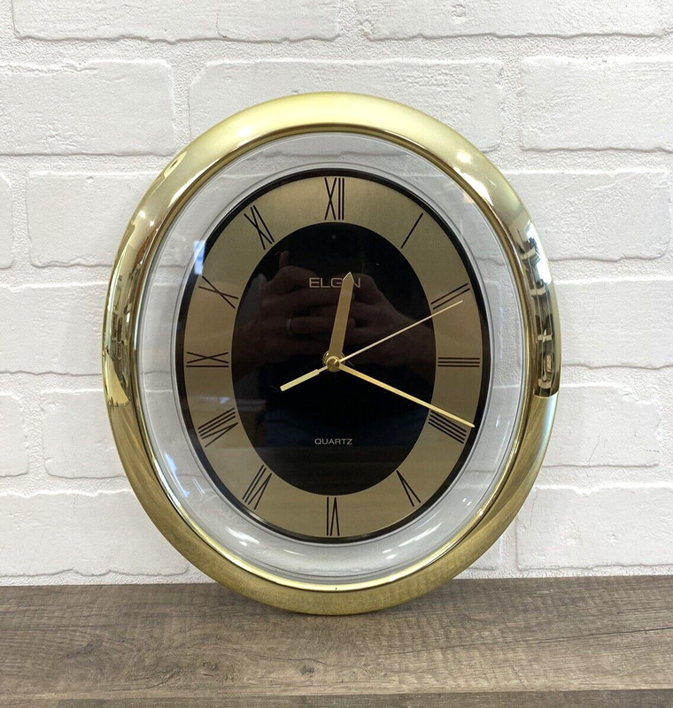 Vintage Midcentury Elgin Quartz Oval Brass Wall Clock 12×10 PARTS OR REPAIR!