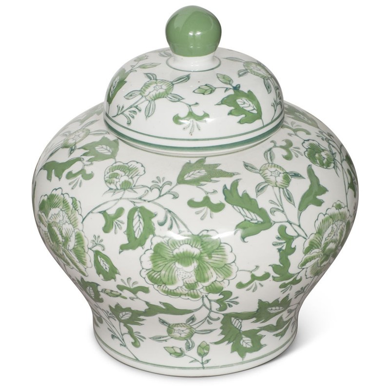 US SELLER – Green and White Flower Motif Oriental Porcelain Tea Jar