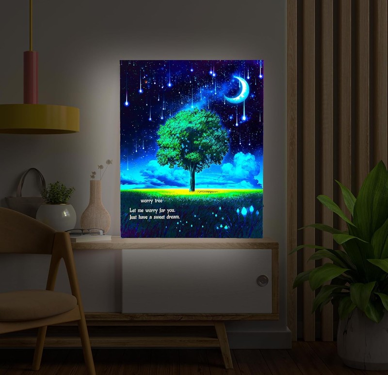 LED Canvas Wall Art – Worry Tree Lighted up Picture with Timer Battery Operated