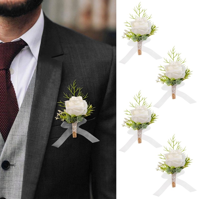 4pcs White Rose Boutonniere for Men Artificial Rose Flower for Wedding Flower…