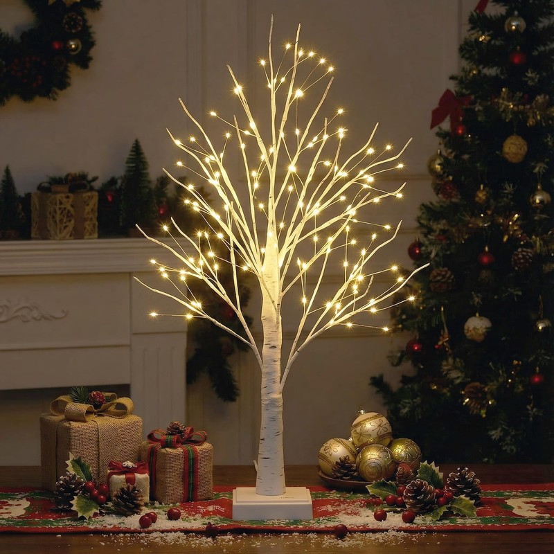 2 FT 144 LED White Light Up Birch Tree Tabletop Lamp Timer Indoor Home Decor