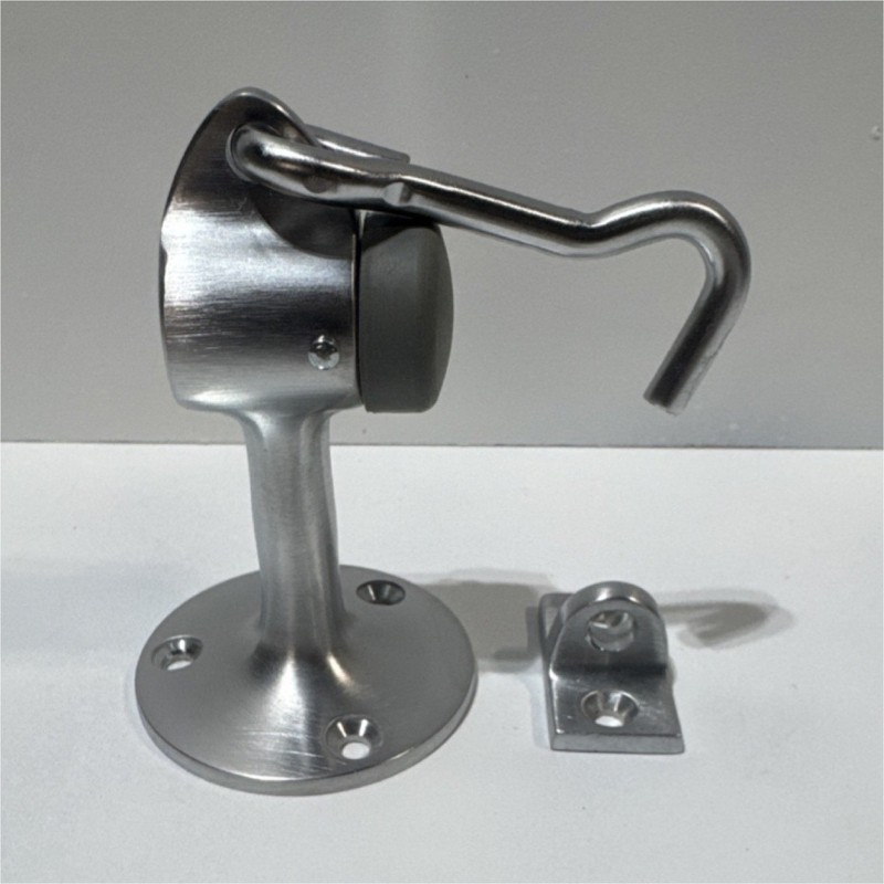 Satin Silver Metal Door Stay with Hook & Rubber Bumper, Wall/Door Mount