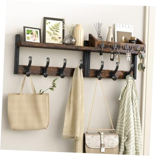 29″ Coat Rack Wall Mount with Shelf, 4 in 1 Coat and Key 29 inch Rustic Brown