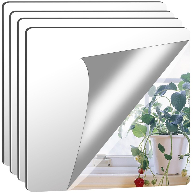 JUNEBRUSHS 4 Pack Self Adhesive Acrylic Mirror, 12X 12 Inch Mirror Tiles,Flexibl