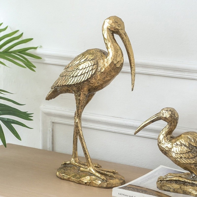 Decorative Standing Crane Figurine Gold Finish Resin Sculpture 16″H Antique Gold