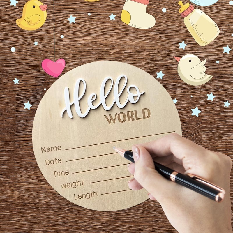 Baby Announcement Sign, ​5.9 Inch Wooden Hello World Newborn Signs, Birth gallery