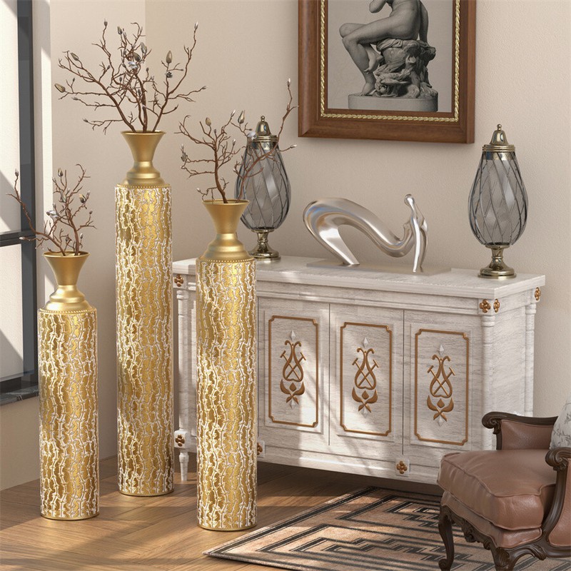 Set of 3 Gold Metal Floor Vases, Tall Narrow Large Textured Glam Accent Decor