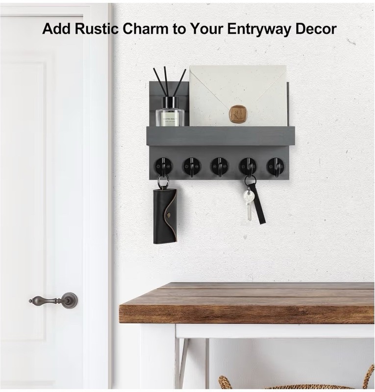 Gray Rustic Wall Mounted Key & Mail Rack Combo, Shelf, Hooks, 9.8" x 6.7" gallery
