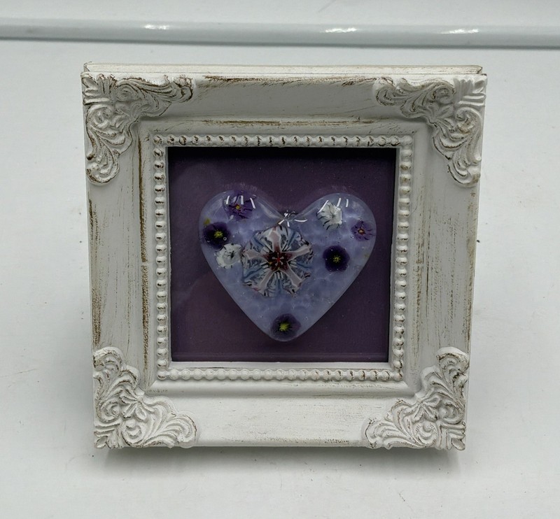 Handmade Mini Fused Art Glass Heart Framed Decorative Accent Art Tabletop