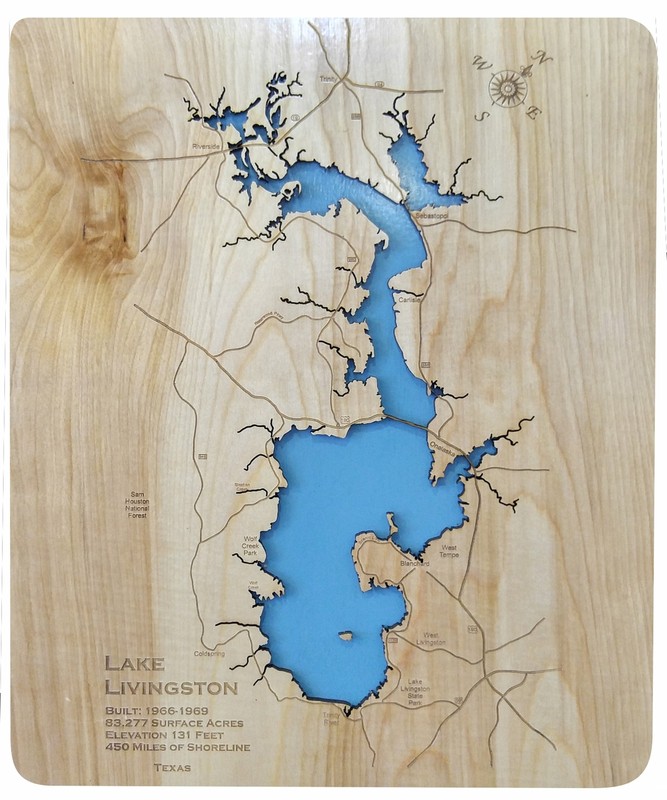 Lake Livingston, TX - Laser Cut Wood Map | Wall Art | Made to Order gallery