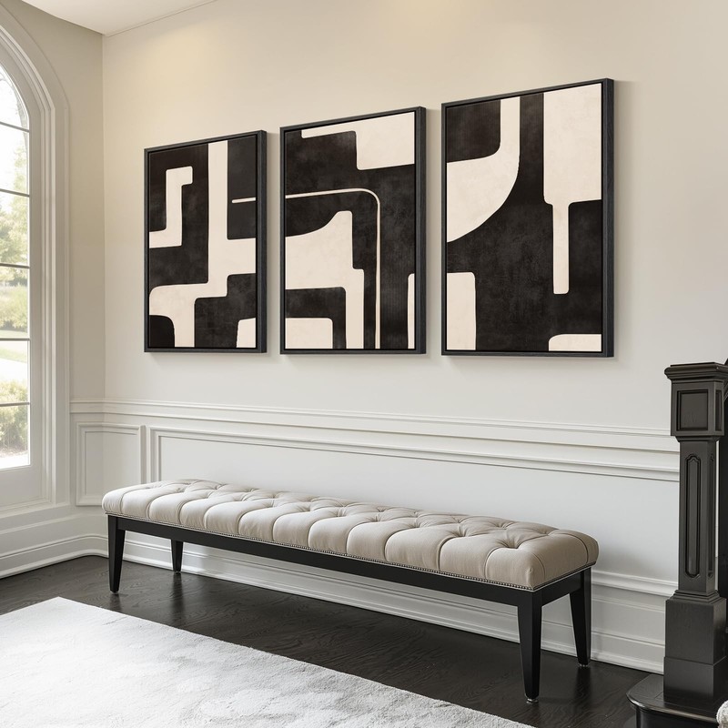 Large Framed Neutral Abstract Wall Art for Living Room, 3 Piece Black Beige C... gallery