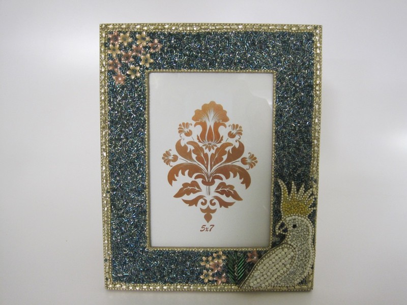 Photo Frame 8×10 “Fly by Night” Handmade Beaded Parott Holds 5×7″ Made in India