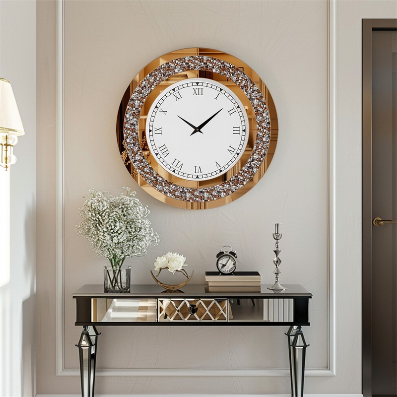 60cm 3D Round Wall Clock Jewel Crushed Diamond Accent Mirror Eye Catching Decor gallery