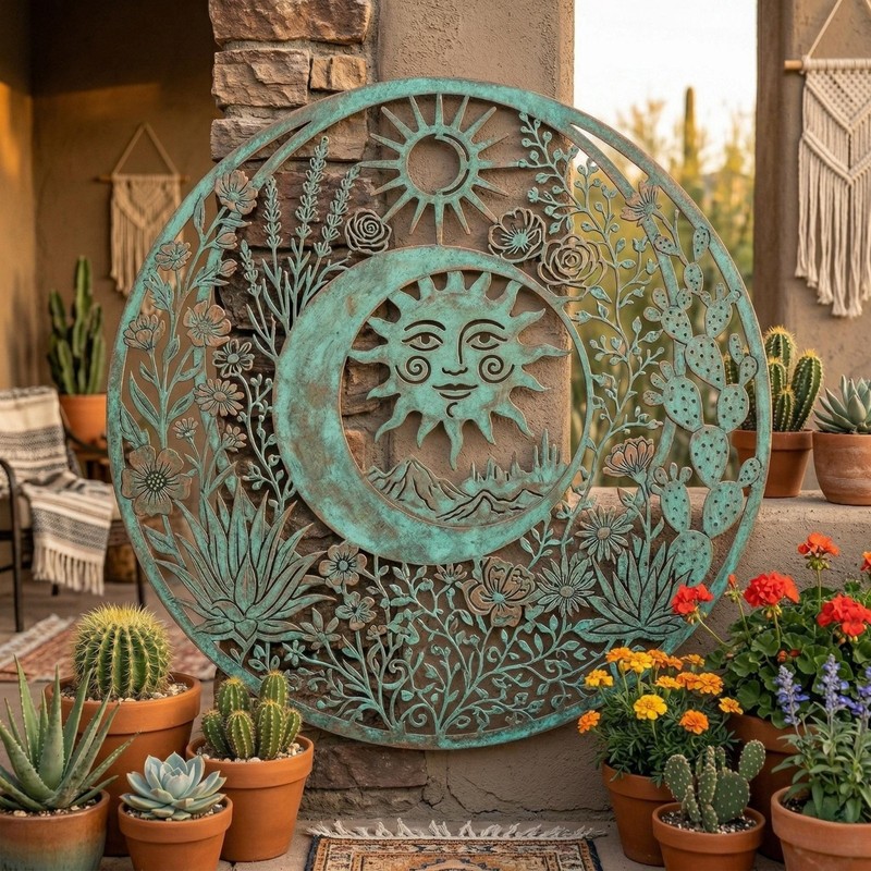 Celestial Sun and Moon Metal Sign, Southwest Garden Wall Decor Outdoor