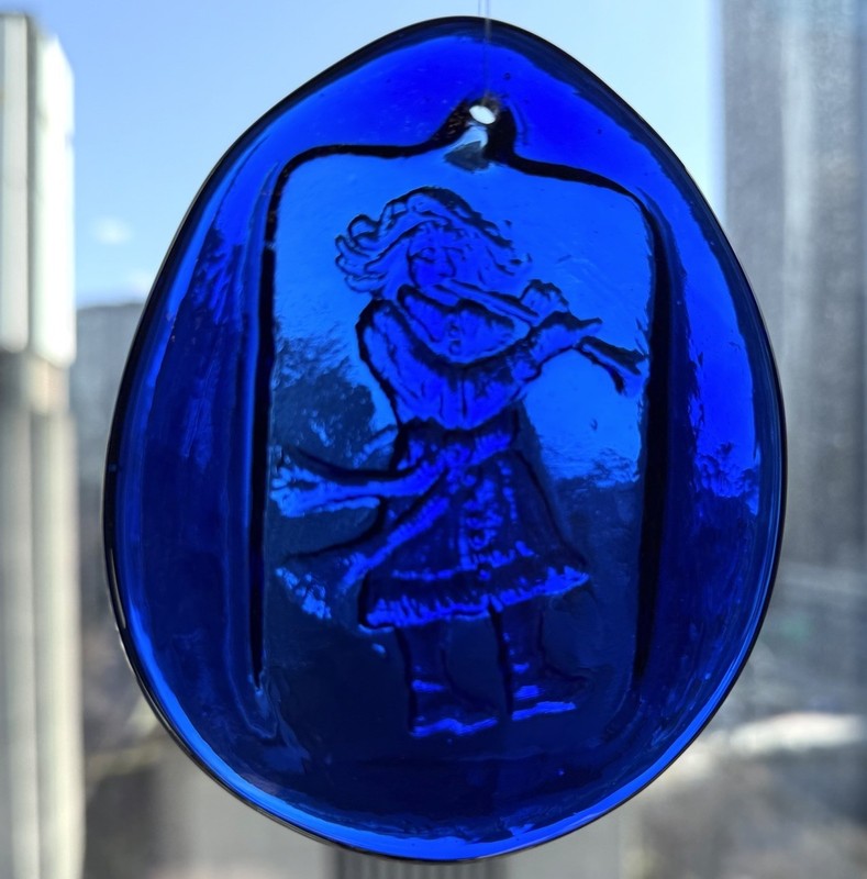Cobalt Blue Pressed Art Glass Embossed Suncatcher 3.75” Sun Catcher