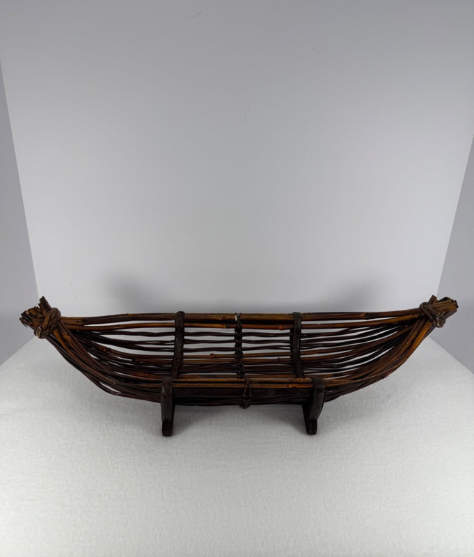 Wicker Rattan Wooden Boat, Table Centerpiece Basket, MCM, 20” Long