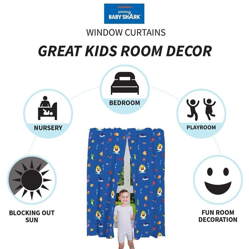 Franco Kids Baby Shark Room Window Curtains Drapes Set, 82 in x 63 in gallery