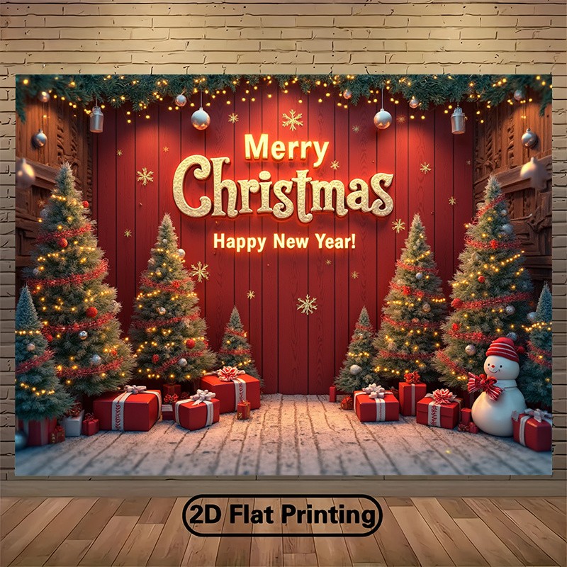 2D Flat, 1pc Festive Christmas & New Year Banner – Red Wall with Golden Merry Ch