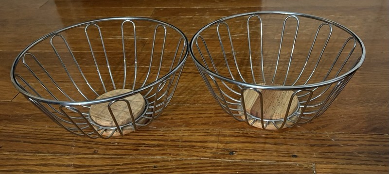 Vintage Pair Of Wood And Chrome Metal Fruit Bread Veggie Kitchen Basket NOS
