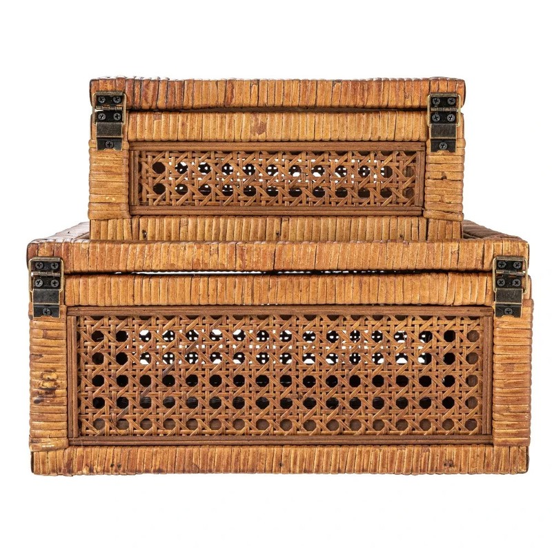 NEW -Modern Decorative Square Woven Rattan and Wood Display Boxes with Glass Top gallery