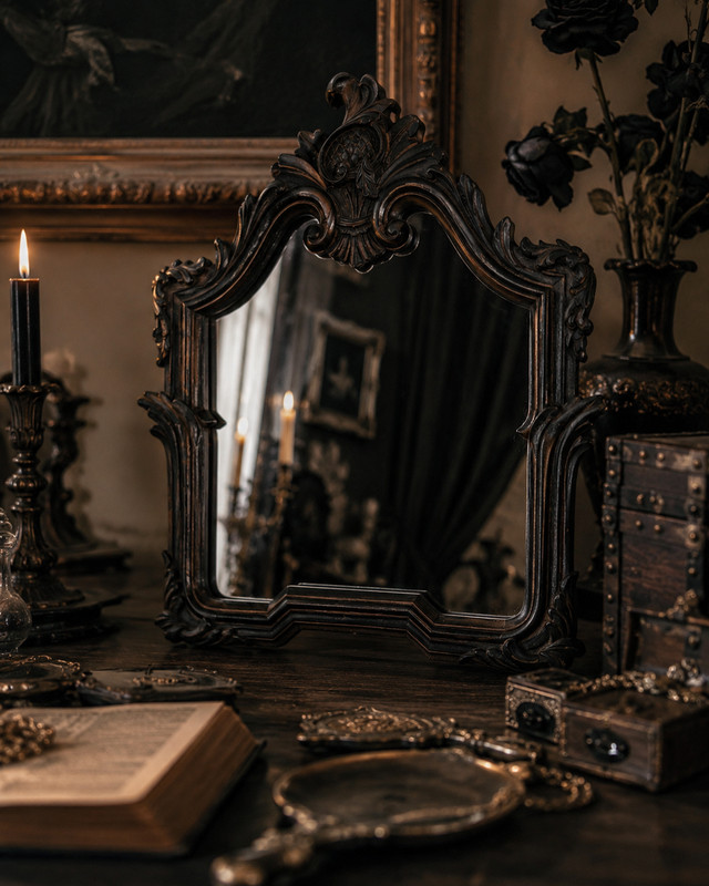 Ornate Gothic Resin Vanity Mirror Dark Brown Baroque Tabletop Wall Decor