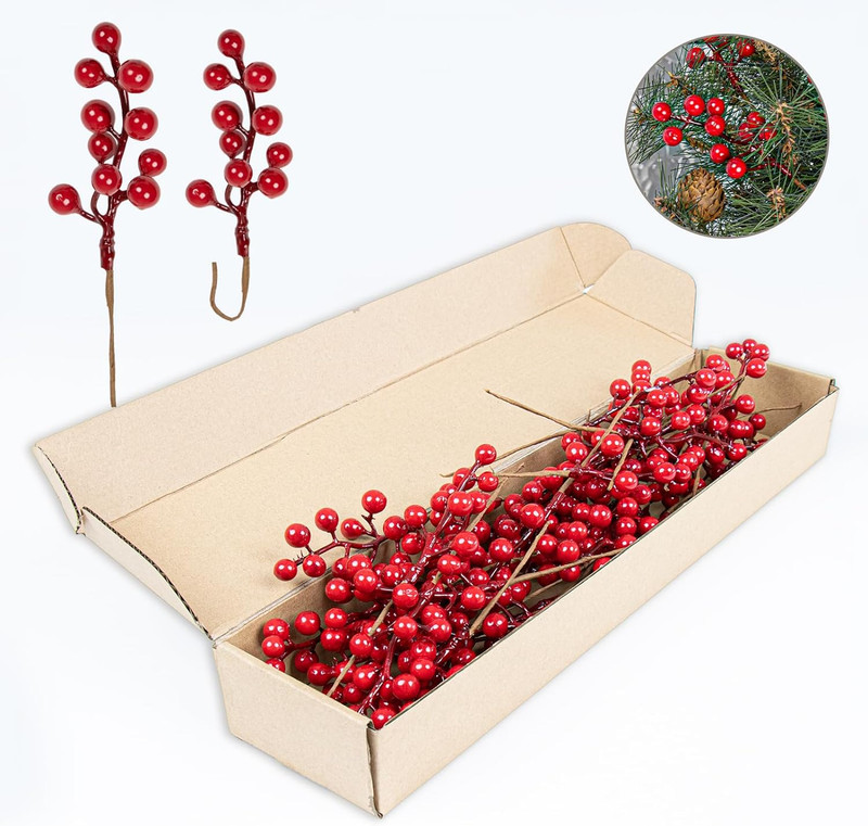 32 Pack Christmas Tree Decorations, Artificial Red Berry Stems 6.5 Deep