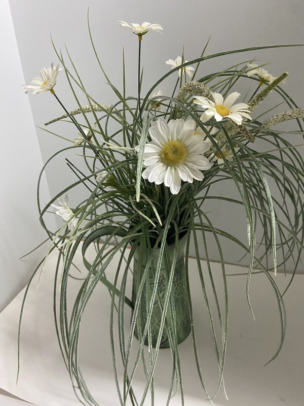 Silk Flowers in a Green Metal Pitcher 18 inches high