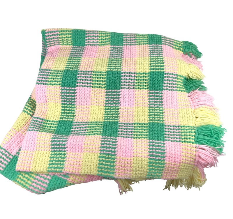Pink Yellow Green Waffle Blanket Afghan 56 x 54" Crochet w/ Fringe gallery
