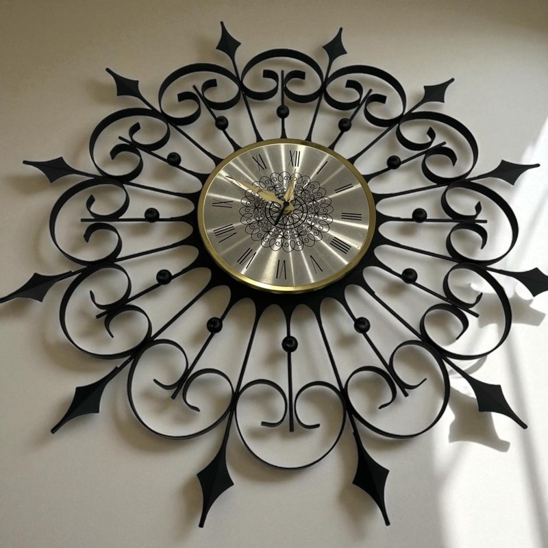 Elgin 24″ BLACK SCROLLLED METAL SPIKEY SUNBURST WALL CLOCK Not Working