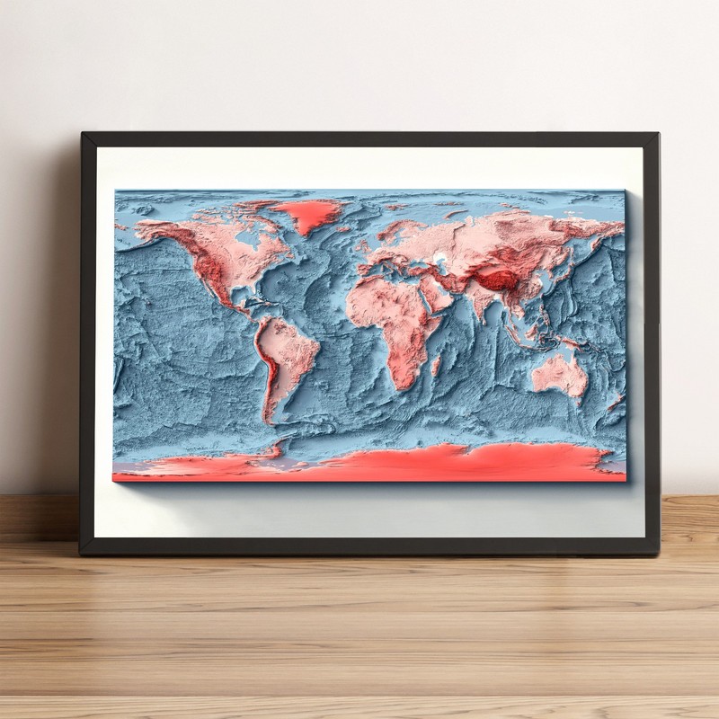 Bathymetric World Map, World 2D Relief Map, World Vintage Map – 2D Flat