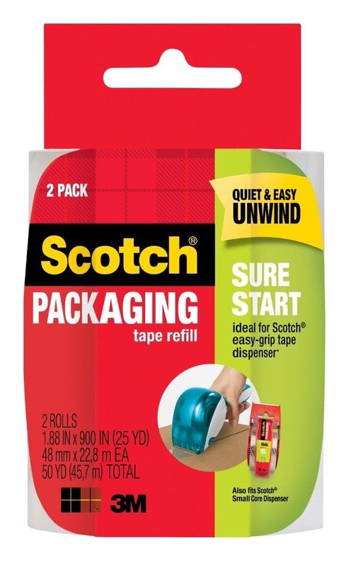 Scotch Sure Start Packing Tape, Clear, Quiet Unwind and 2 Rolls, Transparent