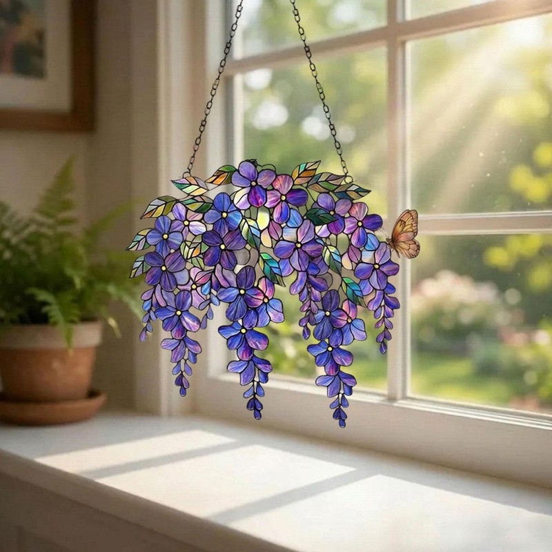 Purple Wisteria Acrylic Suncatcher, Stained Glass Style Floral Window Hanging gallery