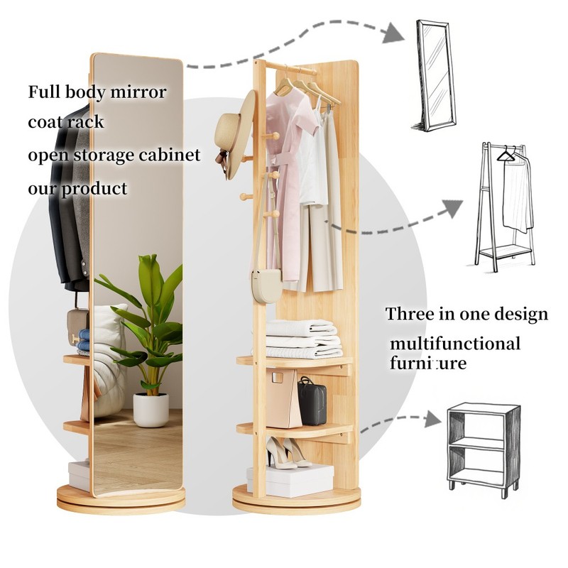 360° Rotating Full Length Mirror Solid Wood Coat Rack Storage Hook Stand Space gallery