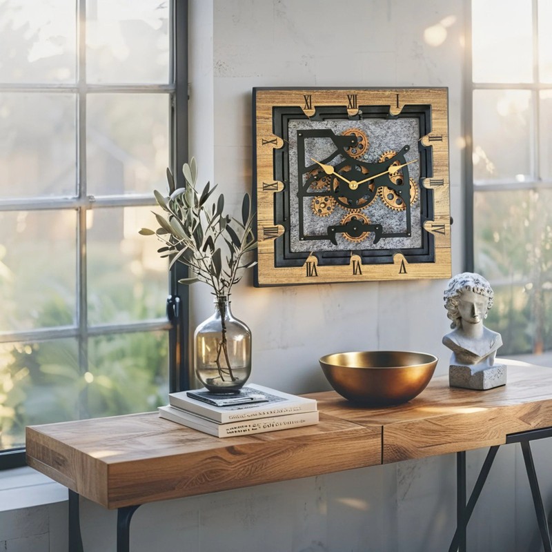 The Gears Clock CANADA LINE DESK CLOCK SQUARE (HYBRID WALL) 10 INCH WOOD & STONE gallery