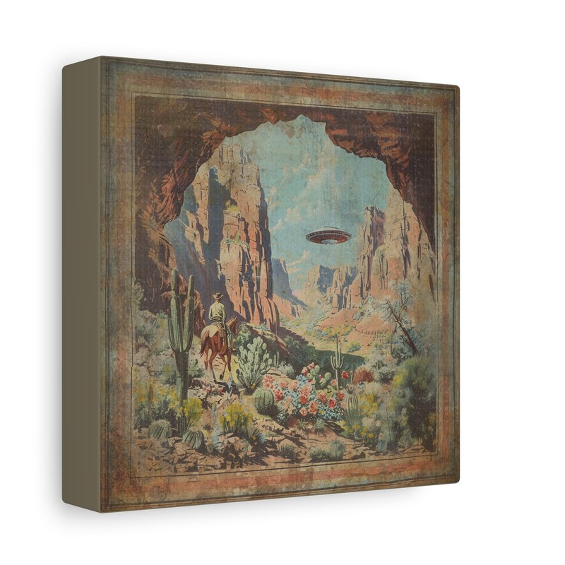 UFO COWBOY Stretched Canvas Wall Art, Sci-fi Western Alien Cactus Flower Decor