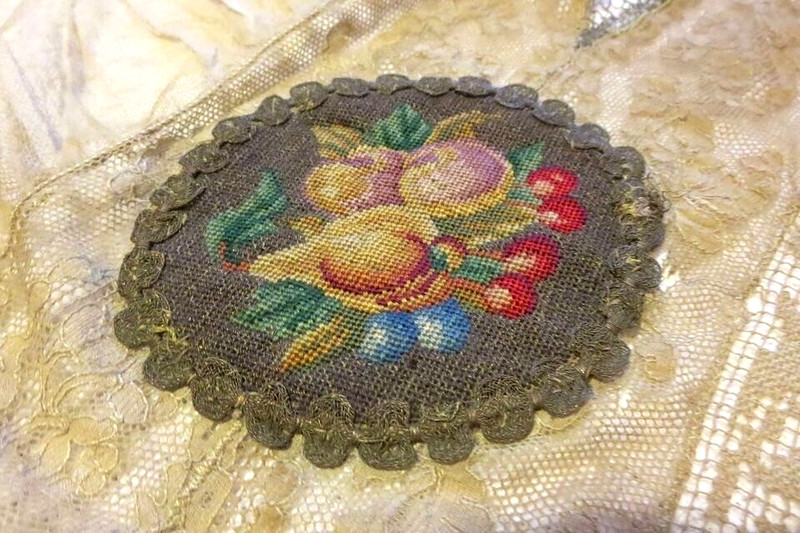 RARE Antique 19th Cen. Tapestry Mixed Lace & Metallic Lace Boudoir Table Cloth gallery