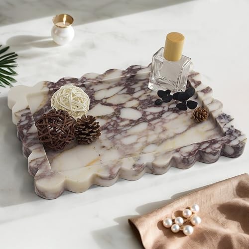Genuine Scalloped Marble Tray, Real Natural Marble Stone Tray, Calacatta Viola gallery