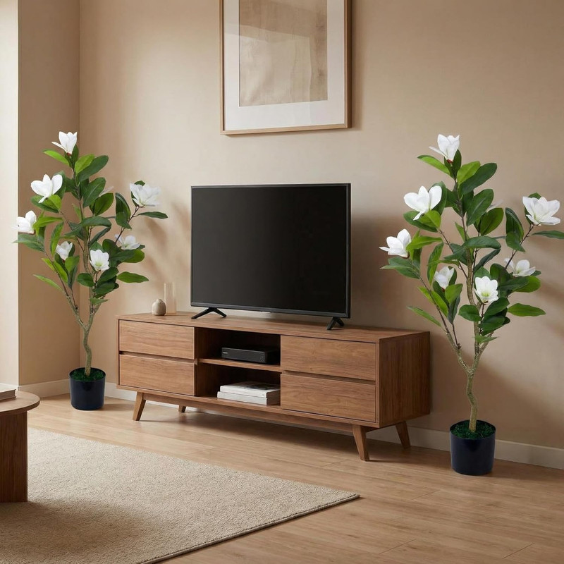 Set of 2 – 45″ Faux Magnolia Trees with Realistic Leaves & Flowers for Decor