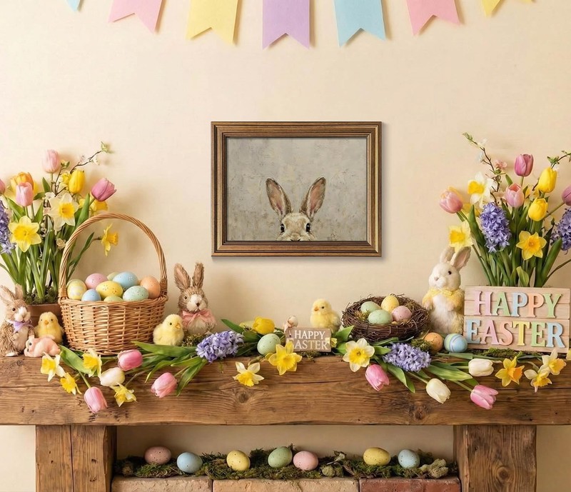 Gold Framed Vintage Easter Bunny Wall Art - Muted Spring Rabbit Oil Painting ... gallery