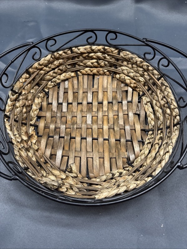 Black Metal & Woven Wicker Basket - Double Handle - Rustic Farmhouse Decor gallery