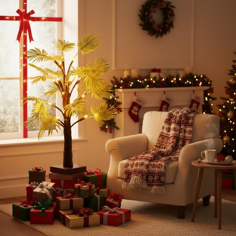Lighted Trees for Indoor Decor, 24”2FT Lighted Palm Tree with LED Lights, Lighte gallery
