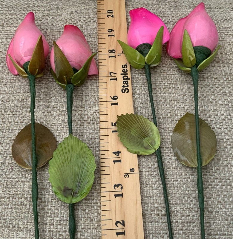 Handmade Hand Painted Long Stem Sea Shell Rose Buds Realistic, Set of 4