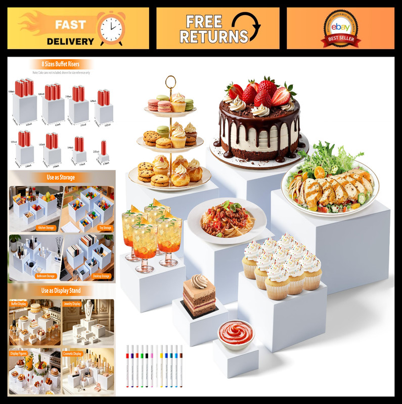 Stackable Buffet Risers – 8 Pcs White Acrylic Food Display Stands for Parties, C