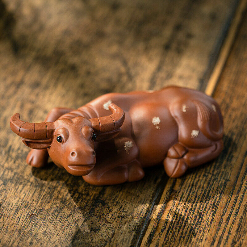 Handmade Artware Zisha Purple Clay Tea Pet Ox Statue Table Decoration Ornament