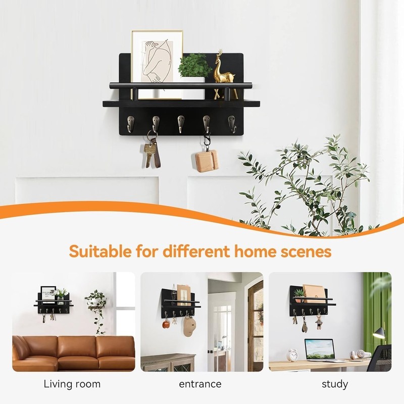 Key Holder Wall Mount Rustic Key Rack with Shelf Hooks Home Organizer gallery