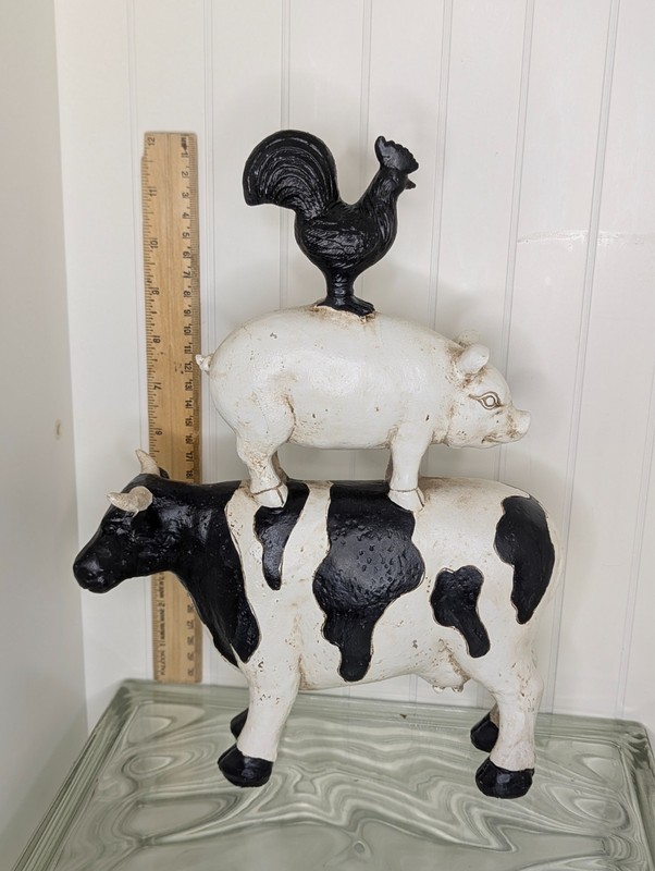 Farmhouse Rustic Stacked Cow Pig Chicken Figurine 12×9” Resin Black White