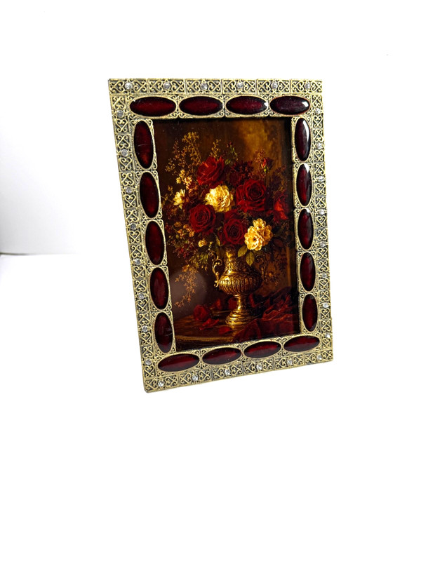 Jeweled Red Enamel Metal 4×6 Photo Frame Gold Tone Rhinestone Tabletop