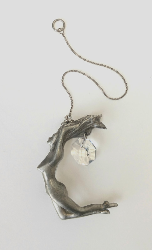 Hanging Pewter Nymph suncatcher/ ornament w/flowing hair & round crystal dangle