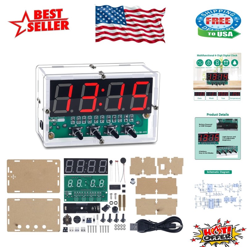 Compact Rechargeable LED Digital Clock Kit – Ideal for DIY Electronics Projects